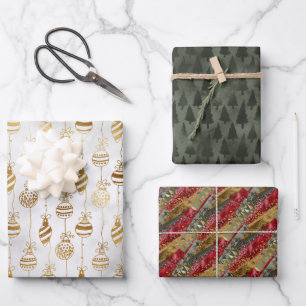 Feuille De Papier Cadeau Sapin de Noël Rouge Or Pailleté Élégant Vert