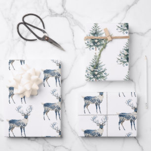 Feuille De Papier Cadeau Sapins de Noël Cerfs Bleus Blancs Nordiques