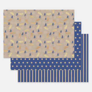 Feuille De Papier Cadeau Sapins de Noël en points polka et rayures Or Bleu
