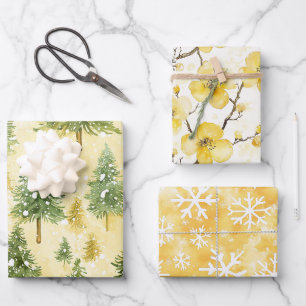 Feuille De Papier Cadeau Sapins de Noël Fleuris Honey Jaune Noël Neige