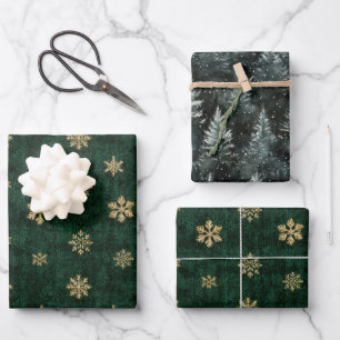 Feuille De Papier Cadeau Sapins de Noël Flocons de Neige Vert Or