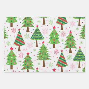 Feuille De Papier Cadeau Sapins de Noël maximalistes avec flocons de neige 