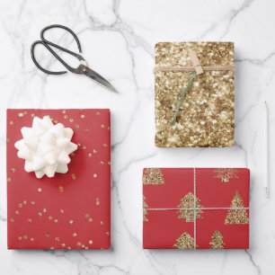 Feuille De Papier Cadeau Sapins de Noël Pailletés Or Rouge  