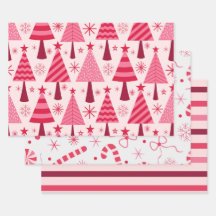 Sapins de Noël rouges et roses, bonbons et rayures
