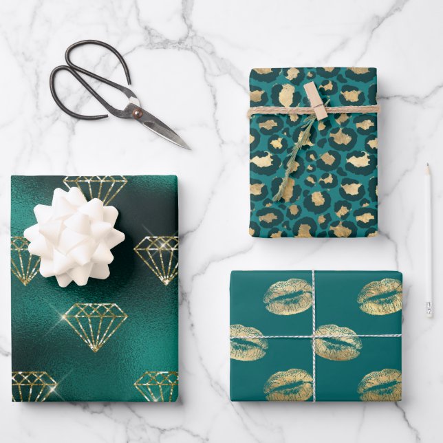 Feuille De Papier Cadeau Sarcelle et Or (Recto)
