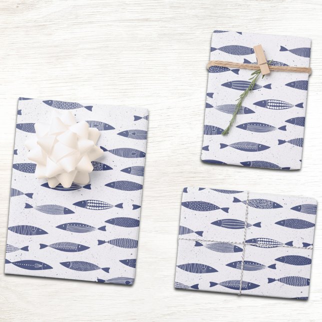 Feuille De Papier Cadeau Sardine Fish Navy Blue White Coastal (Sardine fish blue and white block print coastal gift wrapping paper sheets)
