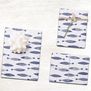 Feuille De Papier Cadeau Sardine Poisson Navy Bleu Blanc Côtiers