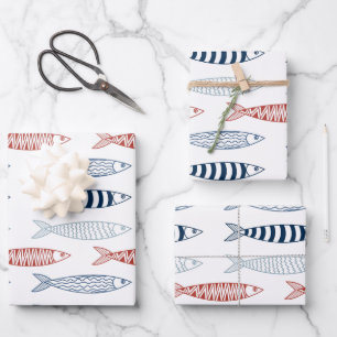 Feuille De Papier Cadeau Sardines méditerranéennes décoratives Motif de poi