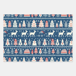 Feuille De Papier Cadeau Scandinave Marine Bleu renne de Noël nordique