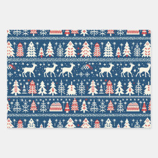 Feuille De Papier Cadeau Scandinave Marine Bleu renne de Noël nordique