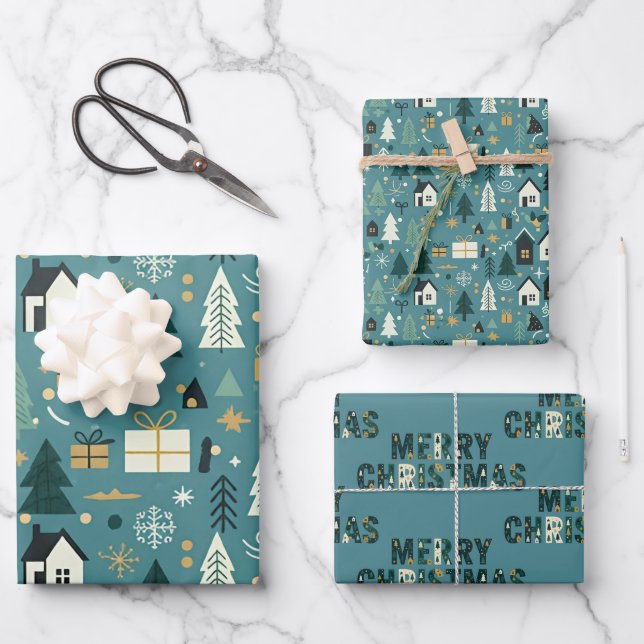 Feuille De Papier Cadeau Scandinavian Merry Christmas Tree Winter Snow (Recto)