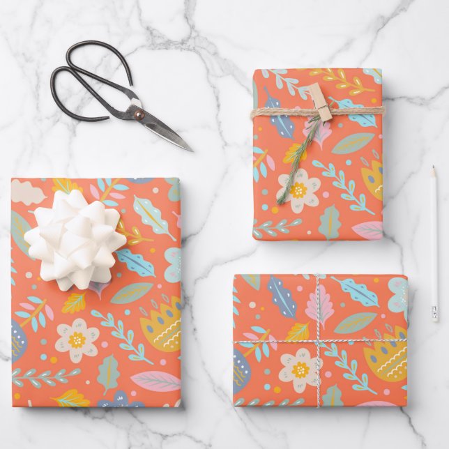 Feuille De Papier Cadeau Scandinavie Folk Floral Motif en Orange (Recto)