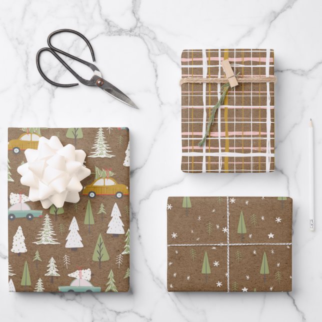 Feuille De Papier Cadeau Scène de voitures de Noël Rustique Kraft (Recto)