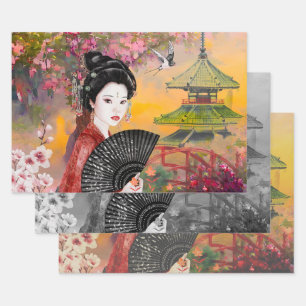 Feuille De Papier Cadeau Scène Japonaise Avec Une Femme