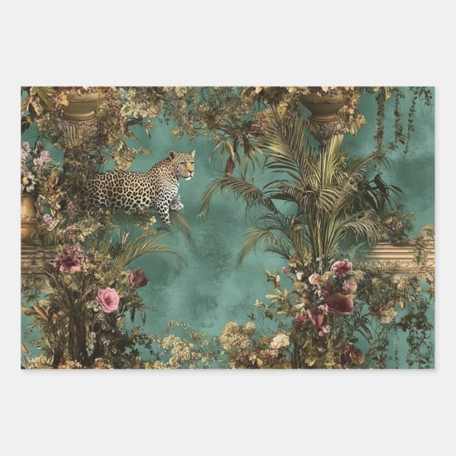 Feuille De Papier Cadeau Scène Ornat Lush Foliage Léopard Fleurs vibrantes (Devant)