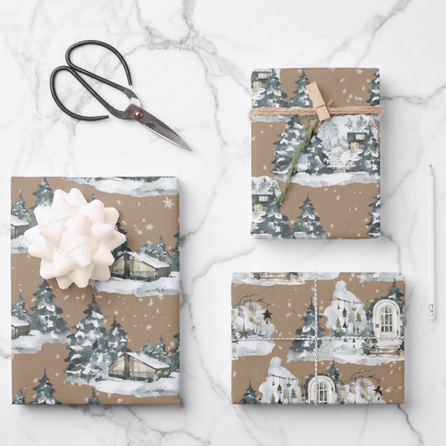 Feuille De Papier Cadeau Scènes de chalet d'hiver rustique Kraft Woodland (Recto)