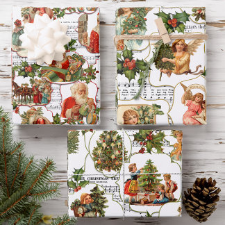 Feuille De Papier Cadeau Scènes de Noël Vintage, Holly & Music Collage