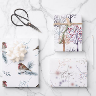 Feuille De Papier Cadeau Scènes d'hiver Oiseaux Arbres Branches Neige Noël