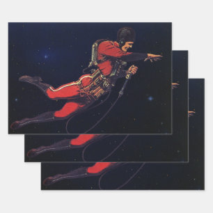 Feuille De Papier Cadeau Science-fiction vintage d'astronaute dans l'espace