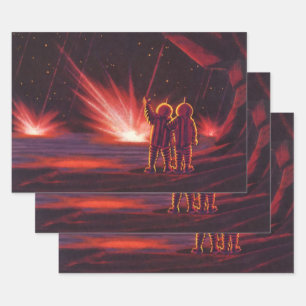 Feuille De Papier Cadeau Science-fiction vintage d'explosion de planète rou