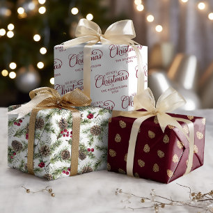 Feuille De Papier Cadeau Script de Noël Pin Rustique cônes Personnalisé