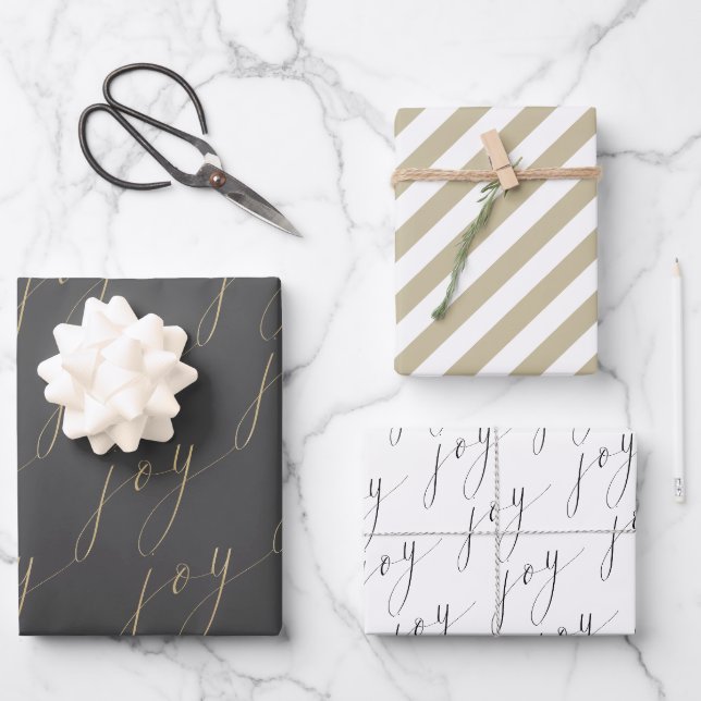 Feuille De Papier Cadeau Script élégant Joy Black Gold White Holiday (Recto)