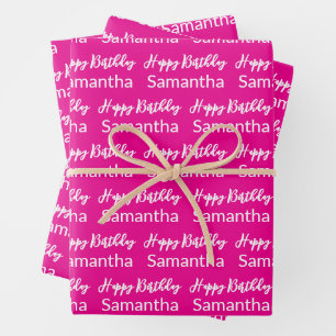 Feuille De Papier Cadeau Script Joyeux Anniversaire Rose Chaud et Nom Blanc