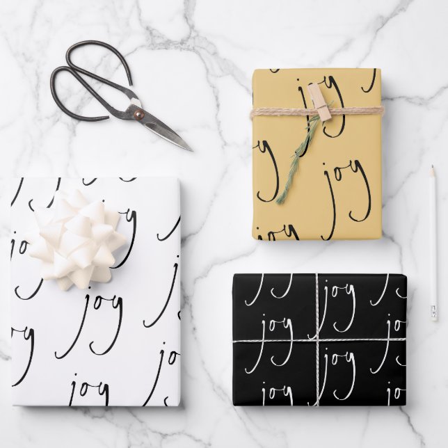 Feuille De Papier Cadeau Script tendance Joy Motif Gold Black White (Recto)