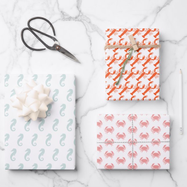 Feuille De Papier Cadeau Sea Animaux motifs homard crabe hippocampe mignon (Recto)