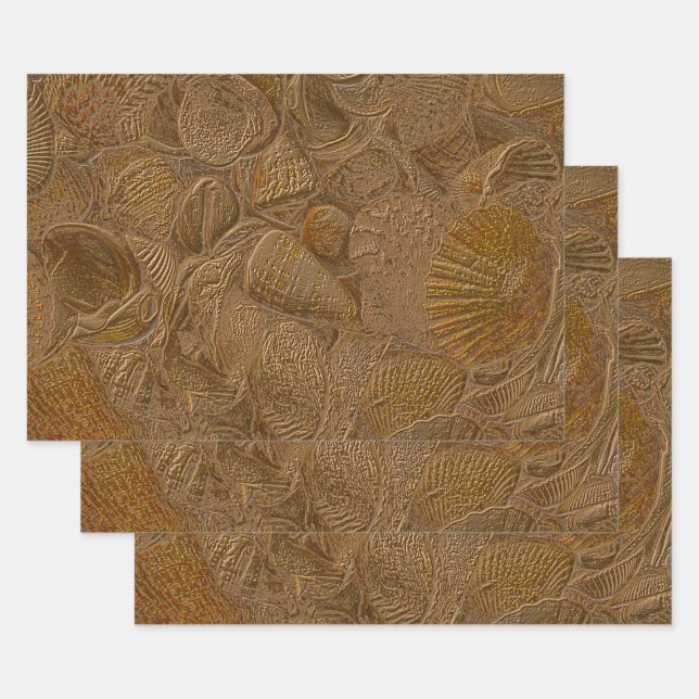 Feuille De Papier Cadeau Sea Shells Ocean Beach Gold Elegant Decoupage (Lot)