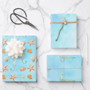 Feuille De Papier Cadeau Seahorse Starfish Coques Peach Aqua Ocean    