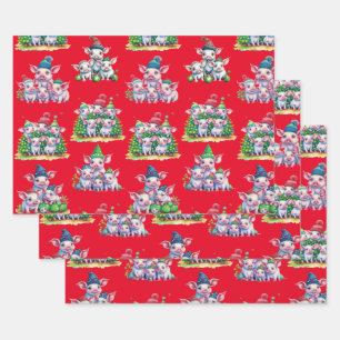 Feuille De Papier Cadeau Set Ass't on Red Adorable Pig Christmas Cadeau Env