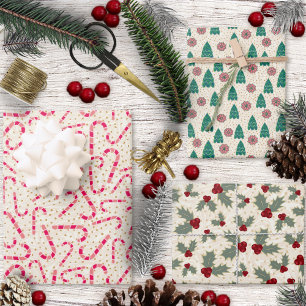 Feuille De Papier Cadeau Set-Sucres de canne-Arbres-Poinsettias-Holly