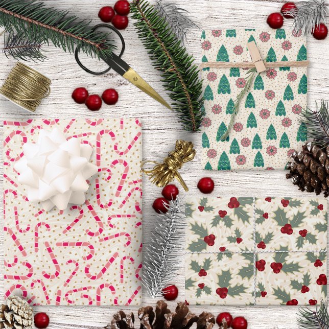 Feuille De Papier Cadeau Set-Sucres de canne-Arbres-Poinsettias-Holly (Christmas Set-Candy Canes-Trees-Poinsettias-Holly Wrapping Paper Sheets by Leapfroglisics Shop)