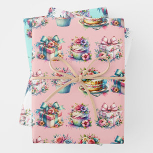 Feuille De Papier Cadeau Shabby Chic Floral rose et bleu Anniversaire