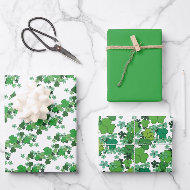 Feuille De Papier Cadeau Shamrocks verts et marguerites Toutes les occasion (Recto)