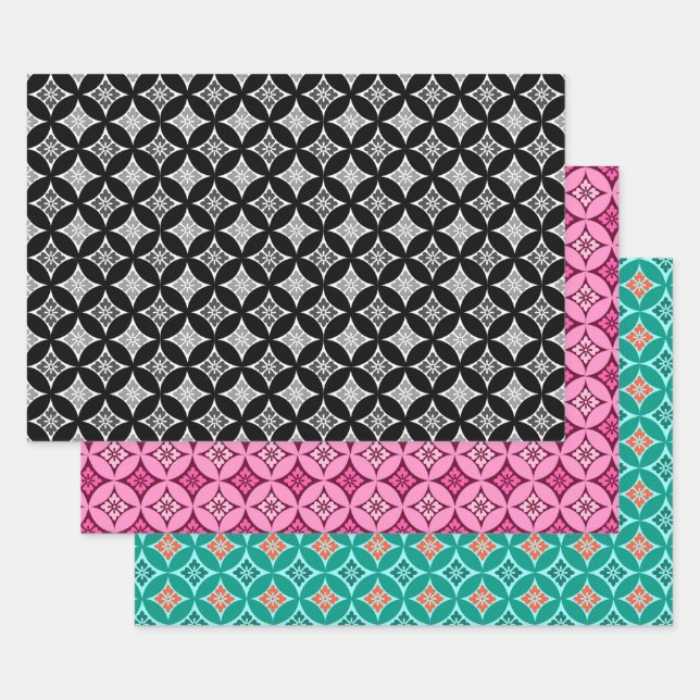 Feuille De Papier Cadeau Shippo avec Motif Fleur, Noir, Vin, Turquoise (Lot)