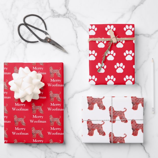 Feuille De Papier Cadeau Silhouette Chien Afghan Rouge Joyeux Woofmas (Recto)