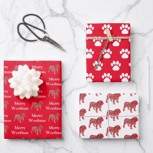 Feuille De Papier Cadeau Silhouette de Bulldog Anglais Rouge Merry Woofmas (Recto)
