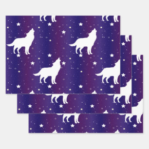 Feuille De Papier Cadeau Silhouette de loup nuit étoilée galaxie amoureux u