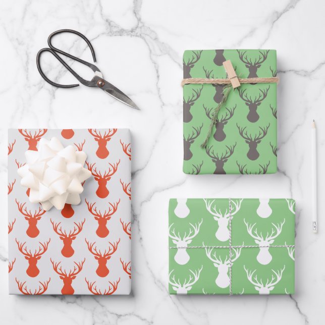 Feuille De Papier Cadeau Silhouettes modernes de la tête de cerf (Recto)