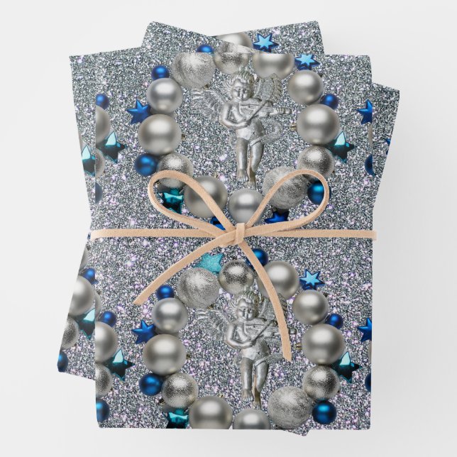 Feuille De Papier Cadeau Silver Blue Christmas Wreath Cherub (En situation)