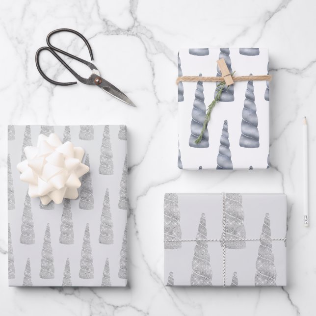 Feuille De Papier Cadeau Silver Gray Glam Unicorn Anniversaire (Recto)