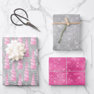 Feuille De Papier Cadeau Silver Sparkle rose Glam Unicorn Anniversaire