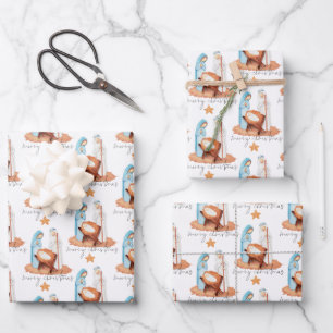 Feuille De Papier Cadeau Simple Motif de la Nativité Script Joyeux Noël