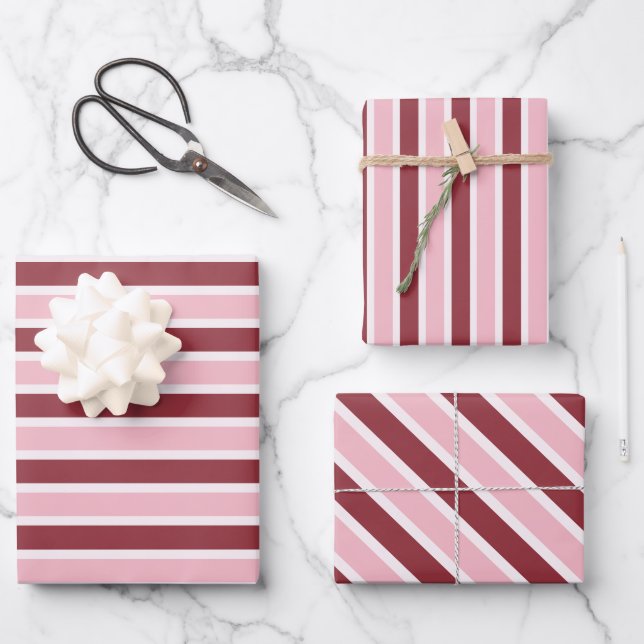Feuille De Papier Cadeau Simple Pink Burgundy Stripes Christmas (Recto)