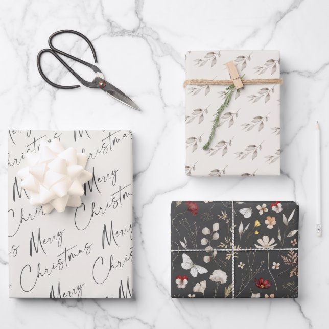 Feuille De Papier Cadeau Simple Script Joyeux Noël Fleur sauvage Boho (Recto)