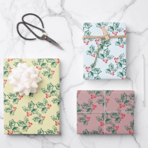 Feuille De Papier Cadeau Simple Vintage look Holly Motif Noël
