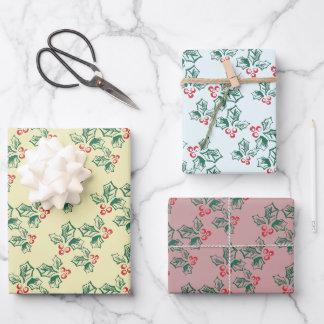 Feuille De Papier Cadeau Simple Vintage look Holly Motif Noël