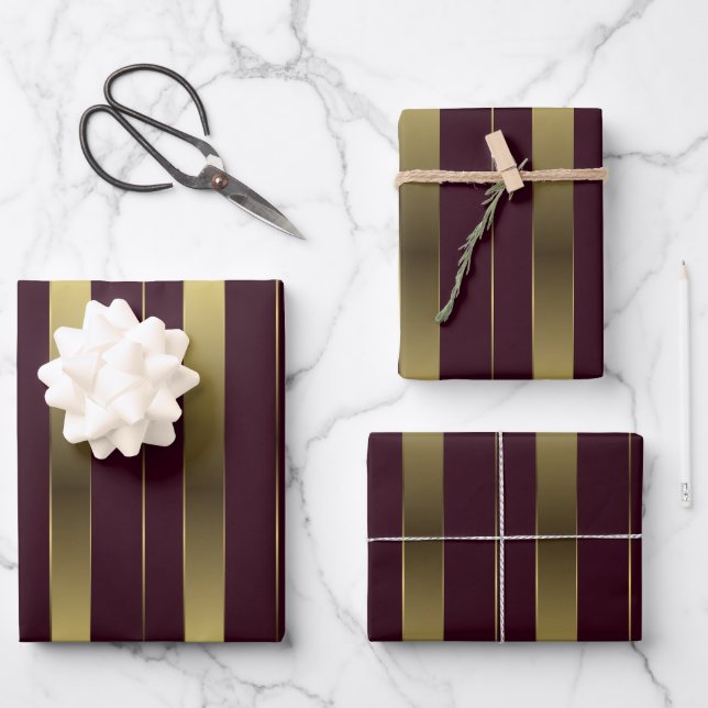 Feuille De Papier Cadeau Simples Bandes Géométriques Or Et Bourgogne (Recto)